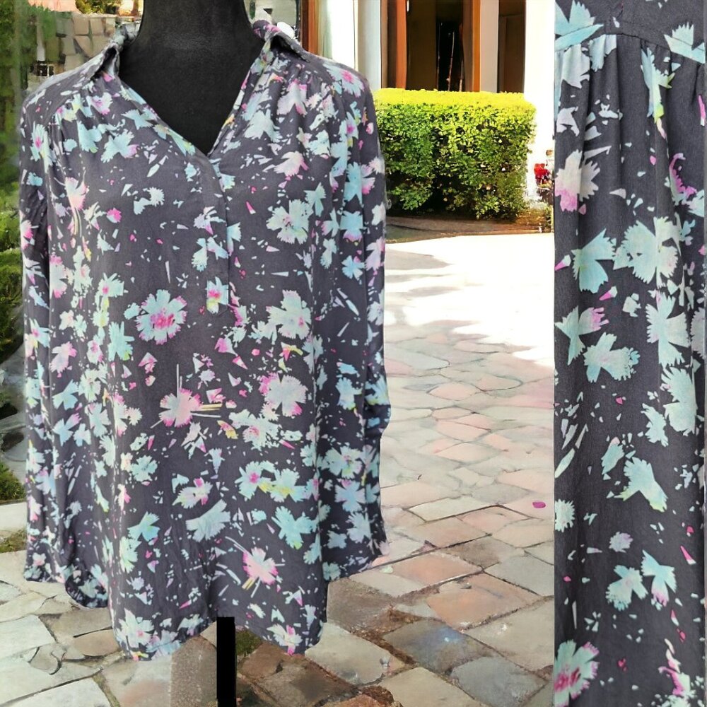 REBECCA TAYLOR (2) Gray Pastel Floral Silk Popover Blouse